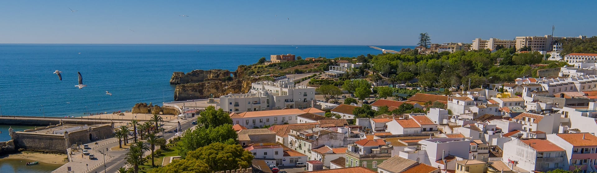 Panoramic view of Lagos coastline with historic fort, white buildings and terracotta rooftops, Portugal
